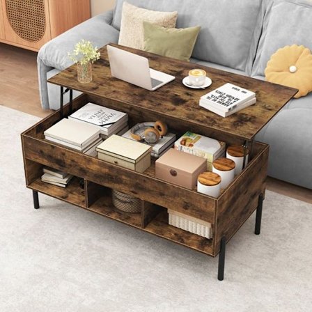 Hæve-sænke Sofabord 100x50CM COSTWAY, 3 Opbevaringskuber, Skjult Rum, Rektangulært Stuebord Belastning 70 KG, Brun