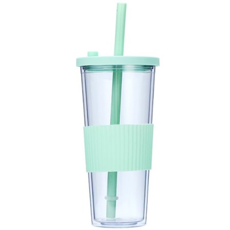 Dubbelväggiga plastglas med lock och sugrör