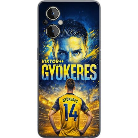Kompatibelt Mobildeksel til OnePlus OnePlus Nord N20 5G Viktor Gyökeres fotballplakat i gult og blått med dramatisk stadionbakgrunn, sportillustrasj