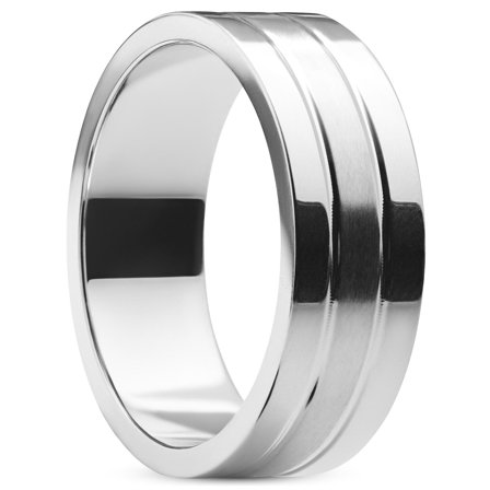 Ferrum | 8 mm flacher, silberfarbener Ring aus poliertem und gebürstetem Edelstahl mit zwei Rillen für Männer - Edelstahlringe