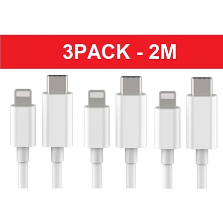 3 kpl 2m Lightning-kaapeli lataus ja yhteensopiva 2kpl USB-C valkoinen White 3-PACK 2m IOS - USBC