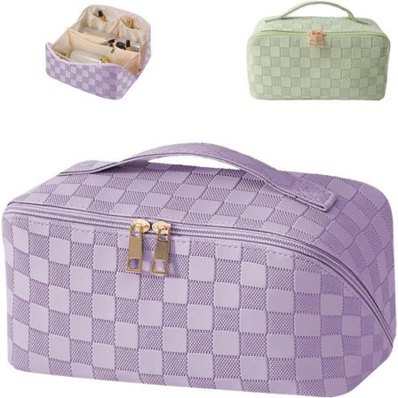 Vandtæt makeup-taske i PU-læder med håndtag og ruminddeling, trendy makeup-taske, bærbar rejsetaske, stor makeup-taske (Lilla)