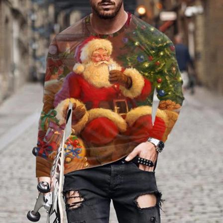 Herr Långärmad Färgblockblus Santa Claus Print Basic Tee