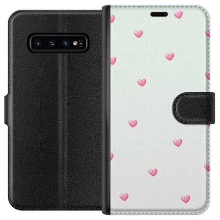 Kompatibel Tegnebogsetui til Samsung Samsung Galaxy S10 Minimalistisk mønster med lyserøde hjerter på en lysegrå baggrund, sødt og enkelt design