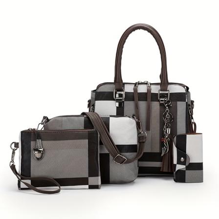 4st färgblock rutmönster handväska set, tofs dekor tygväska med crossbody väska & clutch handväska & korthållare Black