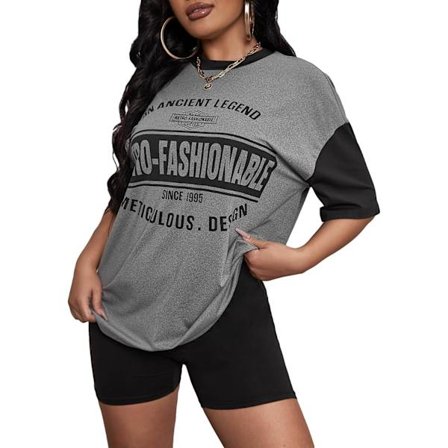 dusa Dam Ledig Kortärmad Färgblock Oversized Rundhals T-shirt Toppar Grå Bokstav Small