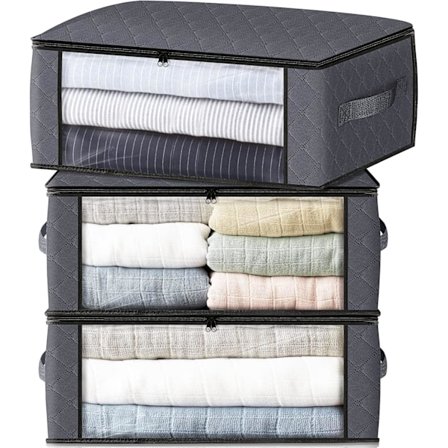Opbevaring 3-pak Tøj Organizer Opbevaringsposer Foldbar Opbevaringsboks til Skab, Kollegium, Puder, Sengetøj, Tøj, Tæpper, 35L, Grå