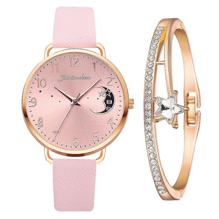 Dame Måne Urskive Kvarts Ur Stjerne Armbånd Sæt Med Kalender Armbånd