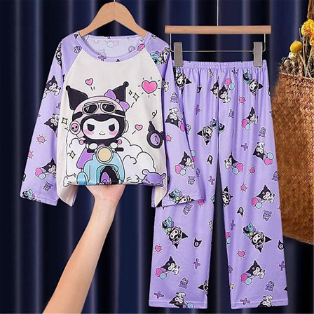 4-12 År Jenter Sanrio Trykte Pyjamassett Langærmet Topper Bukser Soveklær Nattklær Loungewear Gaver Kuromi Kuromi