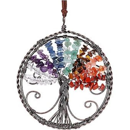 Elämänpuun riippuva chakra-kivikoriste köydellä, chakra-elämänpuun koristeet auton ikkunaan, käsintehty pronssi kietoutuva chakra