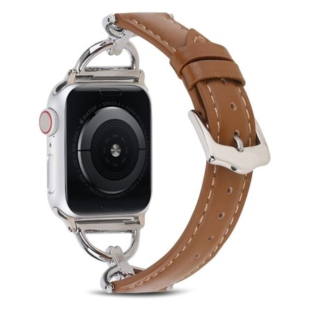 Apple Watch (45mm) aito nahkainen D-rengas ranneke - Tumman Ruskea / Hopea