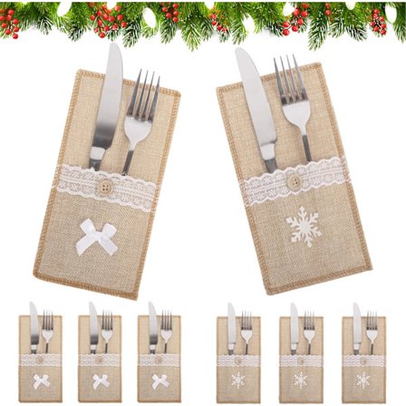 8 stk. Julebestikkpose Jute Sekkestrie Blonde Bestikkholdere Bestikksett Rød Rute Julebord Dekor Mønsterlommer