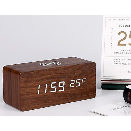Wooden Digital Alarm Clock Wireless Charging With Date Temperature Humidity