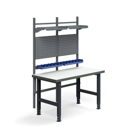 Komplett arbetsbänk TRUST, verktygstavlor, plockbackar, hyllplan, 1500x760 mm, högtryckslaminat