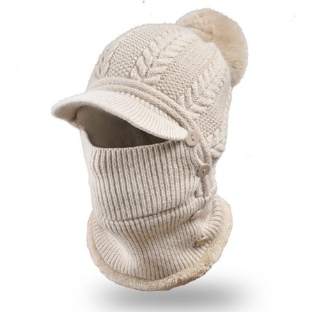 Hætte fleece hat - Beige strikket halsdække Tyk hat med aftagelig ansigtsmaske