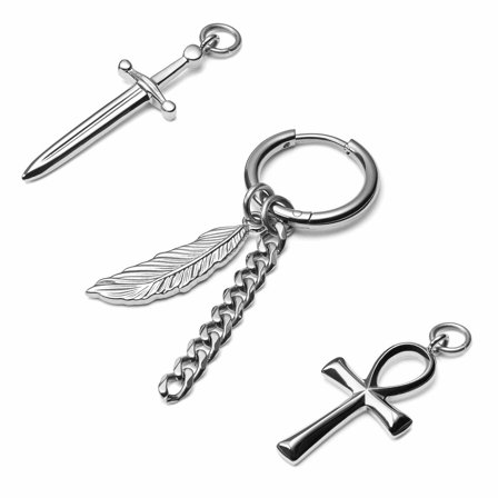 Silver-Tone Steel Hoop Earring with 4 Charms for Men - Charm Hoop Earrings