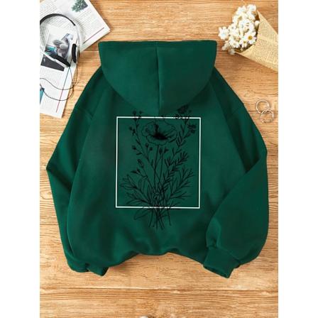 Ezwear Kukkapainatus Kengurutasku Kiristysnauha Lämpöhuppari Thermalt Dark Green M