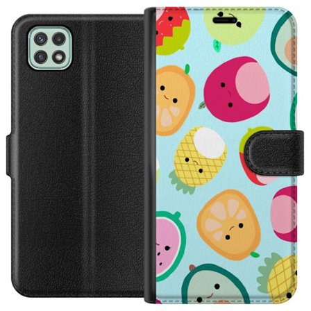 Kompatibelt Lommeboketui til Samsung Galaxy A22 5G Mønster av kawaii-frukter som jordbær sitron ananas og avocado på lyseblå bakgrunn