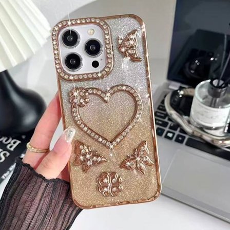 Hot tilbud til lav pris! Kompatibelt med Apples mobiltelefoncover med gradient glitter, galvaniseret strass, hjerte, sommerfugl, beskyttende cover - 