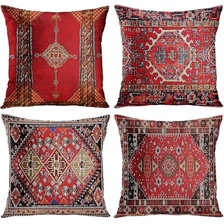 4-delars Set Vintage Röd Blommig Turkisk Persisk Matta Linne Kuddfodral Hemkudde Kudde Kuddfodral Geometrisk Heminredning 4 St {DB}