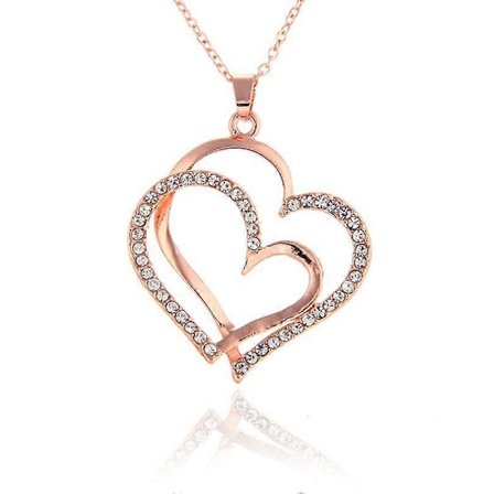 Fashion Full Diamond Alloy Gold Plated Double Heart Pendant Necklace, roséguld