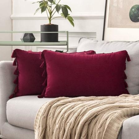 2 stk. fløjlsbløde ensfarvede dekorative pudebetræk med kvaster i boho-stil til sofa, seng 30x50cm vinrød old-style red 30*50cm