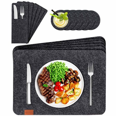 Sæt med 18 vaskbare filtpladeunderlag i antracit