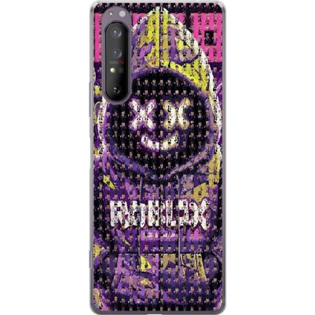 Yhteensopiva Puhelinkuori Sony Sony Xperia 1 II Roblox-huppari suunniteltu sadoista pienistä Roblox-hahmoista, luova mosaiikkisuunnittelu lila ja kel
