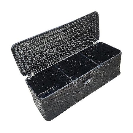 3-rums kasse i flettet rattan med låg - Opbevaringskurv til diverse - Skrivebordsarrangør