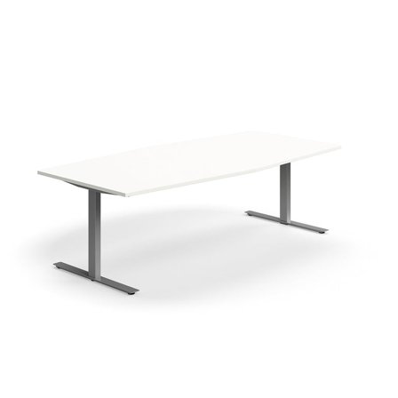 Conference table QBUS, boat shaped, 2400x1200 mm, T-frame, silver frame, white