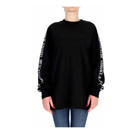 Versace Jeans Couture Felpa oversize girocollo con stampa logo up-down donna Versace Nero , Zwart , Dames , Maat: M