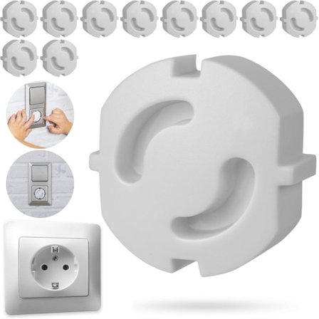 10 hvide, limfrie børnesikringsdæksler til stikkontakter, kompatible med DIN standard F-type stikkontakter.