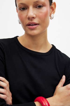 NA-KD Hropped côtelé à encolure ronde et manches longues - Top basique - Noir - S