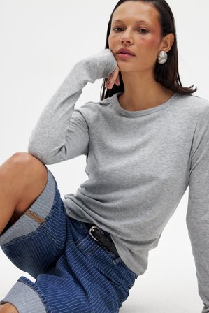 NA-KD Hropped côtelé à encolure ronde et manches longues - Top basique - Gris - XS