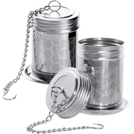 Te-infuser til løs te, te-si i rustfrit stål, te-blad-infuser, fintmasket te-filter med låg, kæde, krog og drypbakke