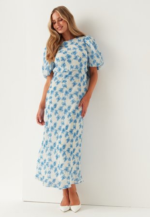 Bubbleroom Occasion - Structured Puff Sleeve Ankle Dress - Blue/Floral - Kläder