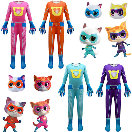 3-9 År Barn Super Kitties Cosplay Kostyme Katt Jumpsuit Masker Utstyr Halloween Fest Maskerade Gaver Blå Blue 3-4 År
