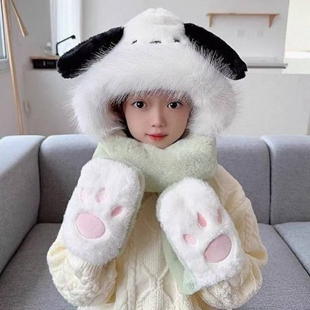 Sanrio 3-osainen talvipukusetti - Söpö kani/kissanpentu/munankuori hahmopuku huivilla, hatulla ja asusteella &, pehmeät pastellivärit (pinkki, sin [DB