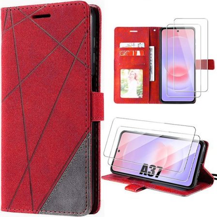 Coque Synthécuir - BOOLING - til Samsung Galaxy A37 5G - Beskyttelse Grå Rød - 2 Tempererede Glas