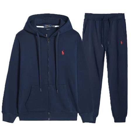 PoloRalph Vår og Høst Herre Glidelås Langermet Casual Pullover Sett Topp Sweatshirt + Bukser Royal Blue/Red Logo 2XL
