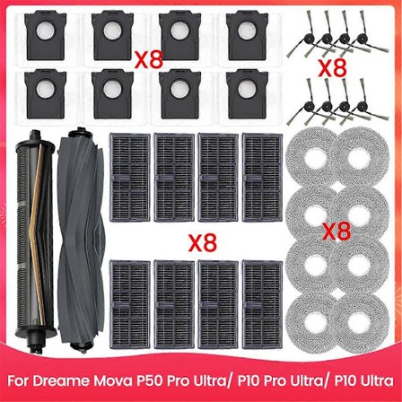 Reservedele til Dreame Mova P50 Pro Ultra/ P10 Pro Ultra/ P10 Ultra: Hovedbørste, sidebørste, HEPA-filter, moppeklud, støvpose