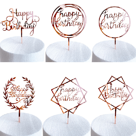 6-pak Happy Birthday kageindsats (rose gold), akryl cupcake i