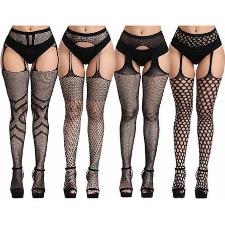 Plus Size netstrømper, sorte netstrømpebukser Lår høje strømper Suspender Strømpebukser 4 stk.