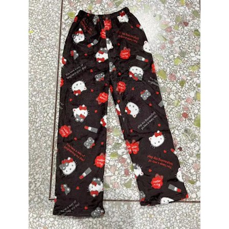 Julepysjamasbukser for damer med tegneseriemotiv, avslappede fløyelsbukser for hjemmebruk med kattemotiv Kaffeleppestift KT Katt M Coffee Lipstick KT 