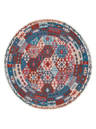 Waschbar Innen-/Outdoor-Teppich Ruva Kilim Blau/Rot Rund Klein Oeko-Tex