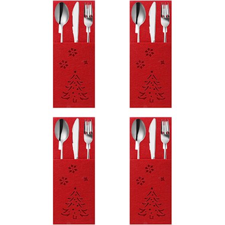 Julebestikkholder, 4 stykker (8X20CM) Rød juletreformet filt bestikk, Julebestikk i praktisk pose, Bestikkholder for jul