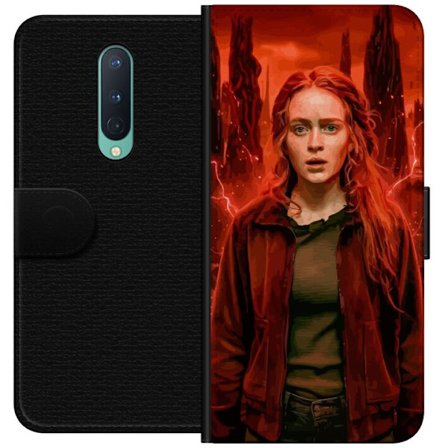 Kompatibelt Plånboksfodral till OnePlus OnePlus 8 Porträtt av en ung kvinna med rött hår i en apokalyptisk landskap, röda blixtar och mörka klip