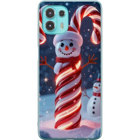 Motorola Edge 20 Lite Genomskinligt Skal Glittrande julgodis-snögubbe formad av polkagriskäppar som lyser varmt i vinterlandskap med snöfall och fe