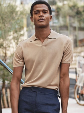 John Henric Men's Beige Open Collar Polo Lyocell Silk Size L