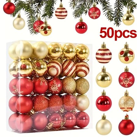 50pcs Festive Christmas Ornaments - Golden & Red Round Balls, Snowflakes, Stripes, and Dots,
